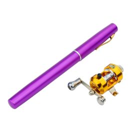 Genuine mini ice fishing pen pole fishing rod fishing rod with drum set, small sea pole portable fishing rod. (Color: Purple)